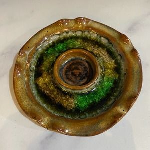DTE signed stoneware pottery candle holder/ashtray/trinket dish